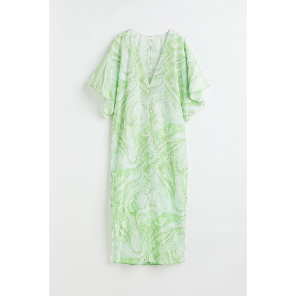 H&M WOMENS KAFTAN DRESS GREEN MARBLED V-NECK SIZE M